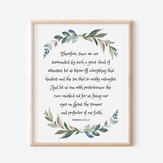 Hebrews 1212 Let Us Run The Race With Perseverance Bible Verse Wall Art Scripture Print Christian Gift For Women Watercolor Eucalyptus