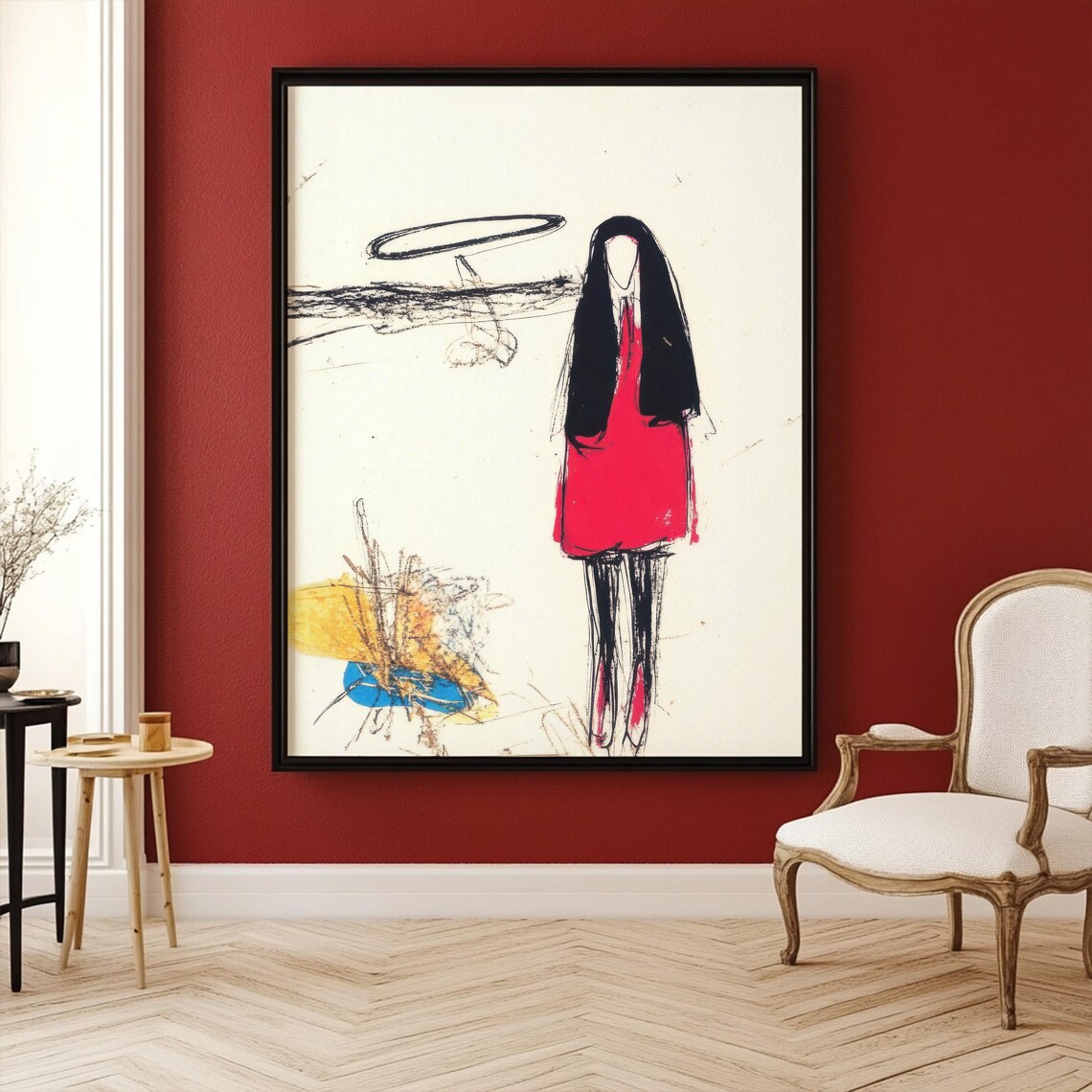 Faceless Figure Gothic Red Dress Dark Sketch Poster for Bedroom Decor - Image 5