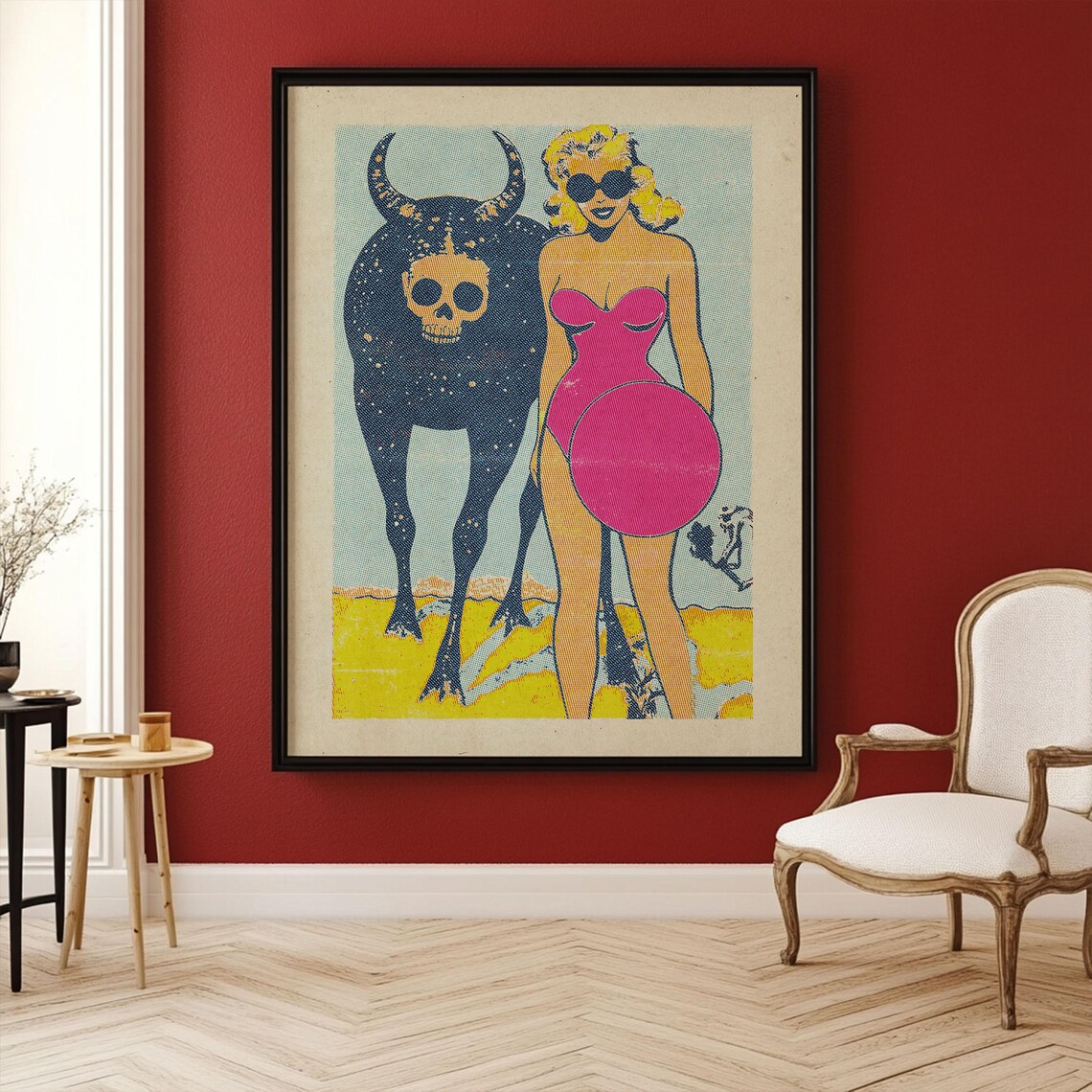 Cosmic Skull Bull Glamorous Blonde Woman Retro Halftone Poster - Image 2