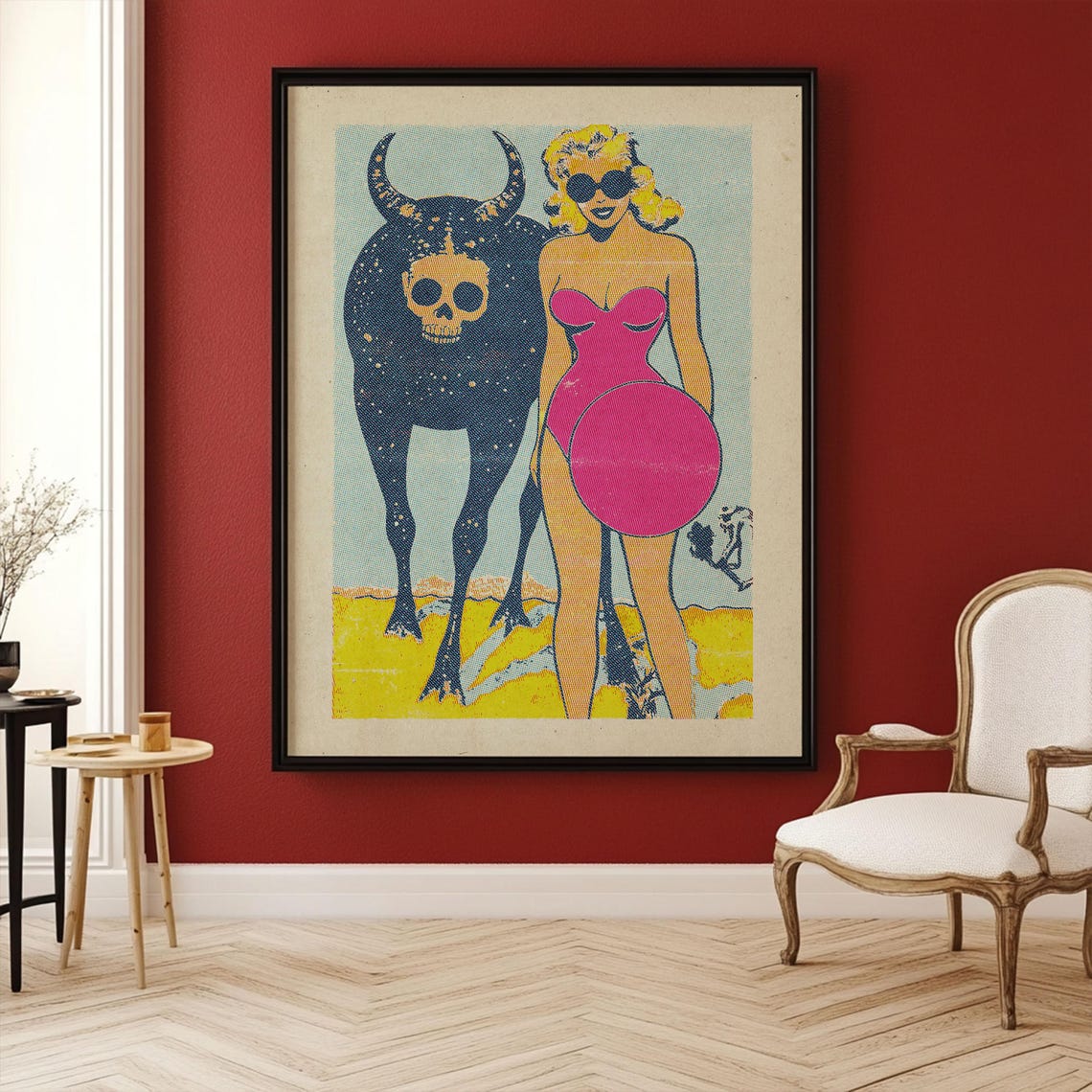 Surreal Pop Art Print Retro Fine Art Cosmic Skull Bull Glamorous Woman Wall Art - Image 2