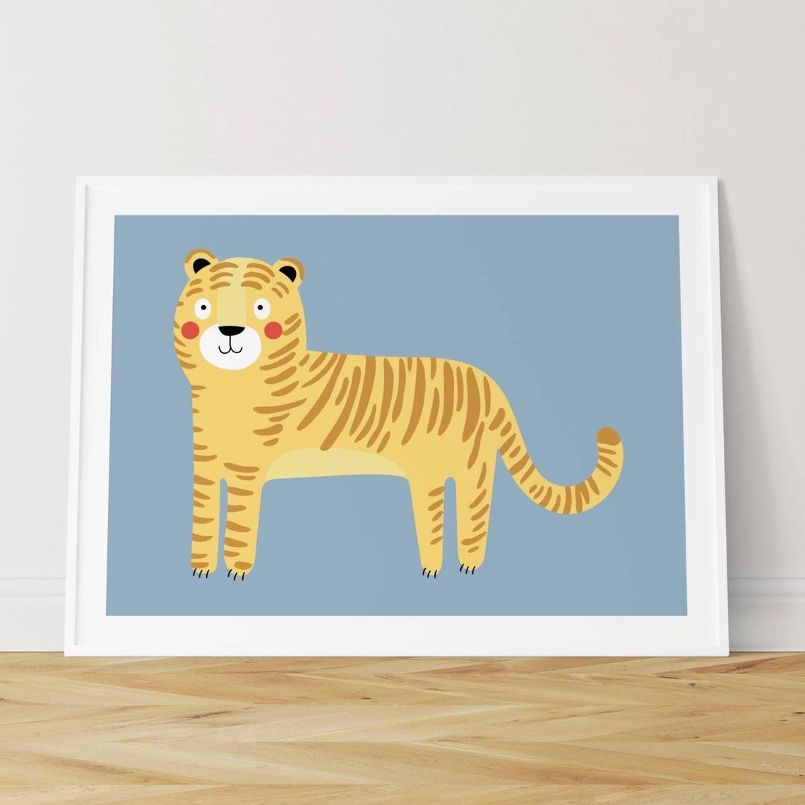 Cute Cartoon Tiger Bright Blue Nursery Kids Room Jungle Art Print