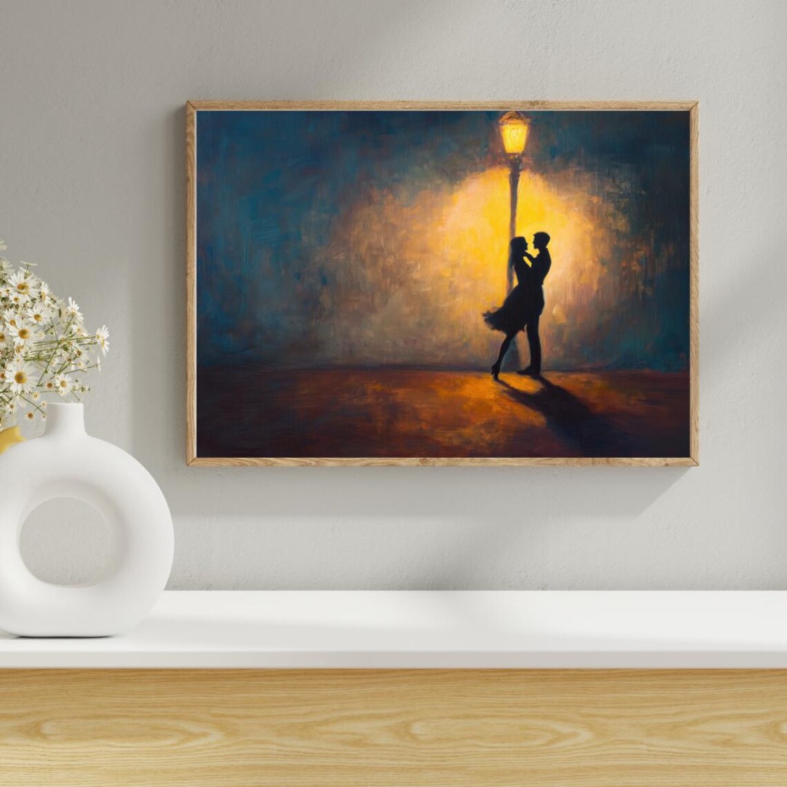 Romantic Couple Kiss Under a Streetlight Intimate Night Silhouette Art Poster - Image 5