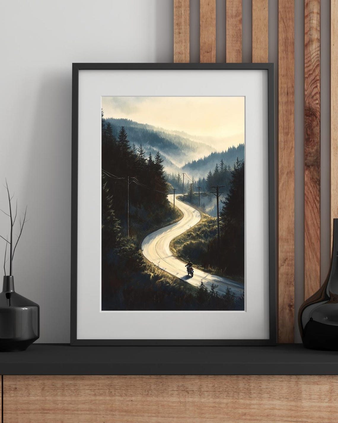 Lone Motorcyclist On Mountain Road Moody Landscape Print Adventure Wall Art For Travel Lovers