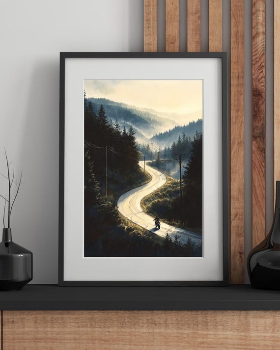 Lone Motorcyclist On Mountain Road Moody Landscape Print Adventure Wall Art For Travel Lovers