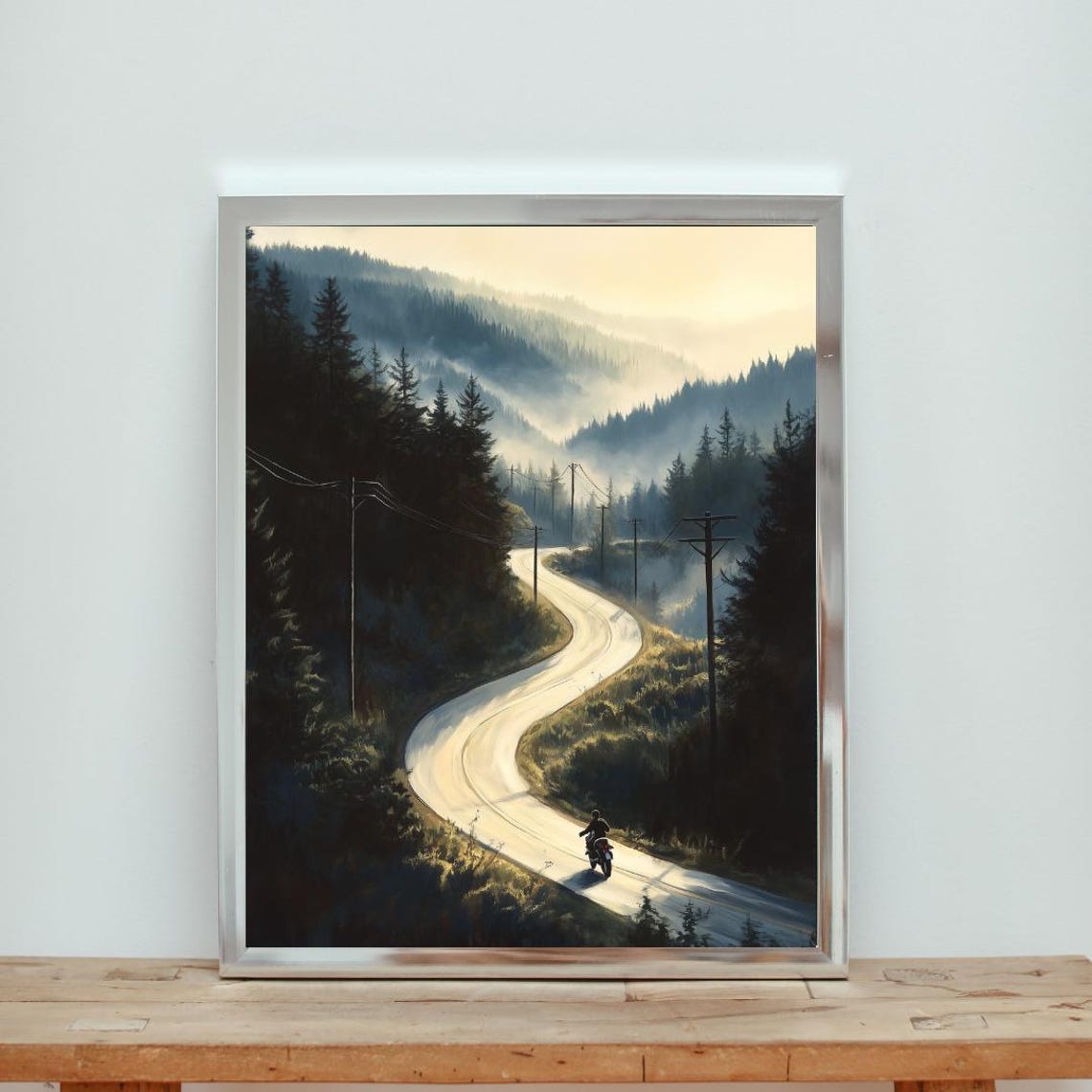 Lone Motorcyclist On Mountain Road Moody Landscape Print Adventure Wall Art For Travel Lovers - Image 4