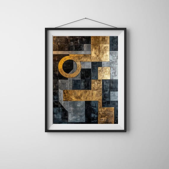 Urban Alloy Industrial Geometric Abstract Print Gold Charcoal Wall Art