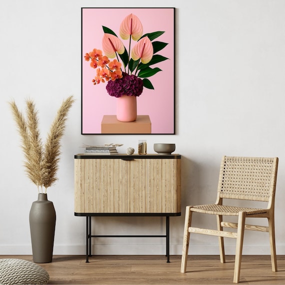 Blush Pink Anthurium Coral Orchid Hydrangea Floral Still Life Poster