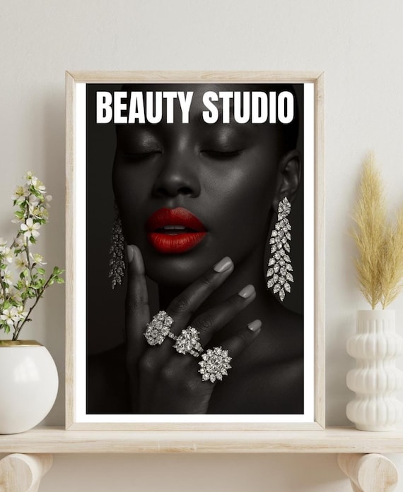 Beauty Studio Black White Glamour Portrait Poster Red Lips Art