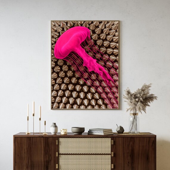 Hot Pink Neon Jellyfish Bronze Seashell Glam Modern Ocean Poster