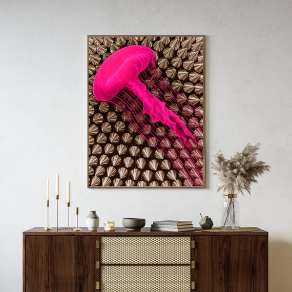 Pink Jellyfish Wall Art Bronze Glam Decor Modern Ocean Poster Luxury Holiday Gift For Her Fashion