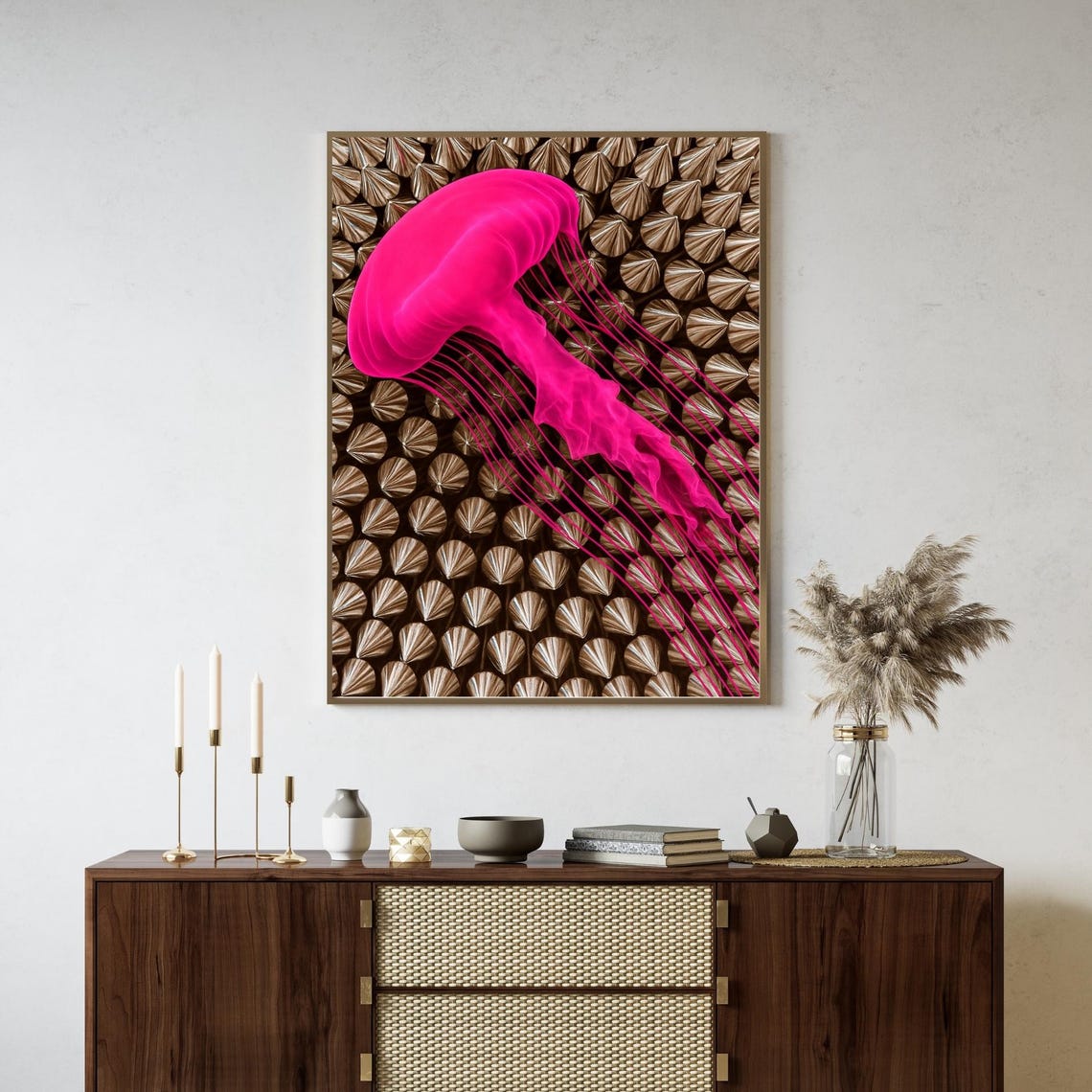 Hot Pink Neon Jellyfish Bronze Seashell Glam Modern Ocean Poster