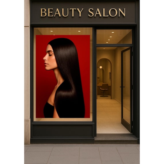 Long Sleek Black Hair Salon Advertising Poster Bold Red Artwork