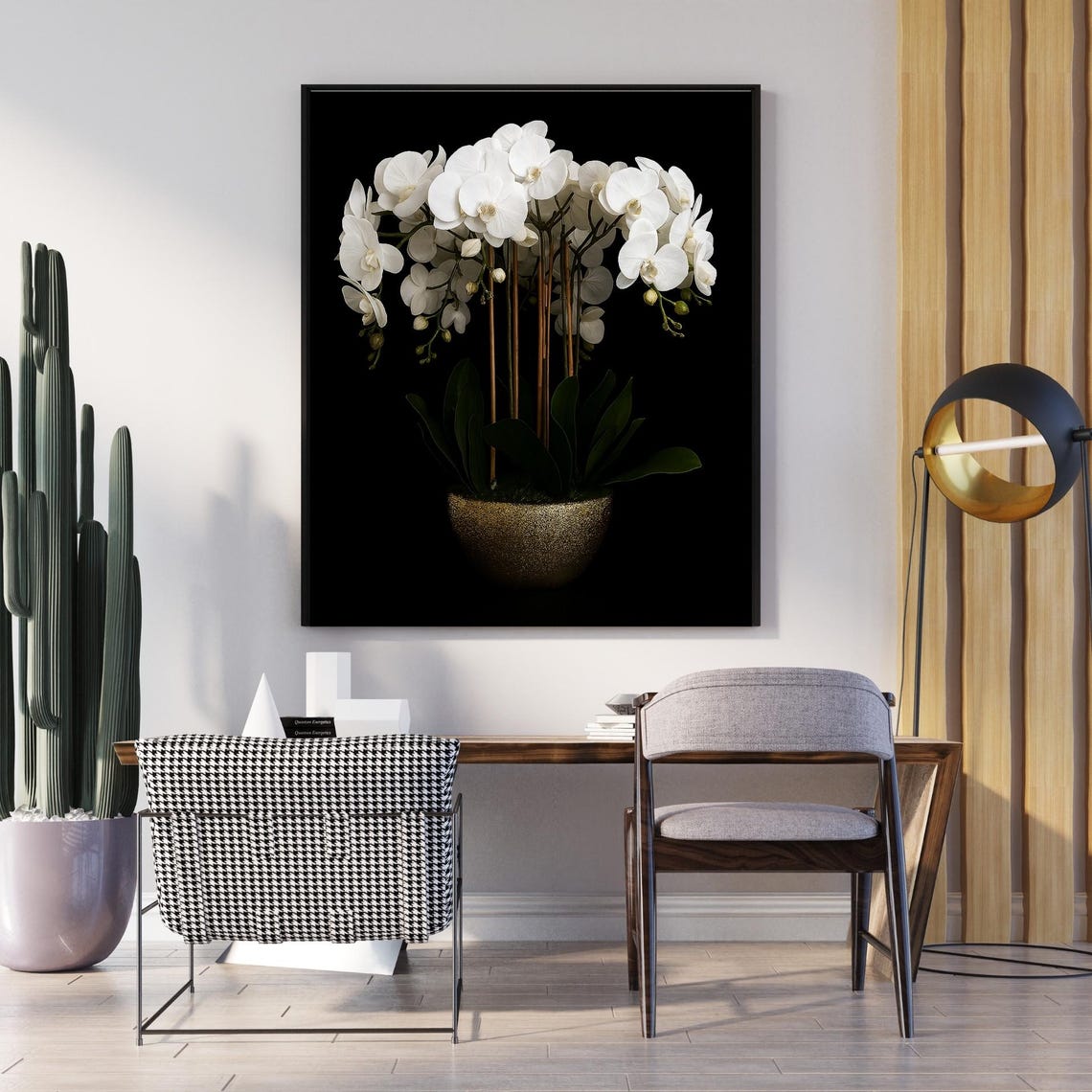 White Orchids Gold Pot Black Background Elegant Floral Photo Poster