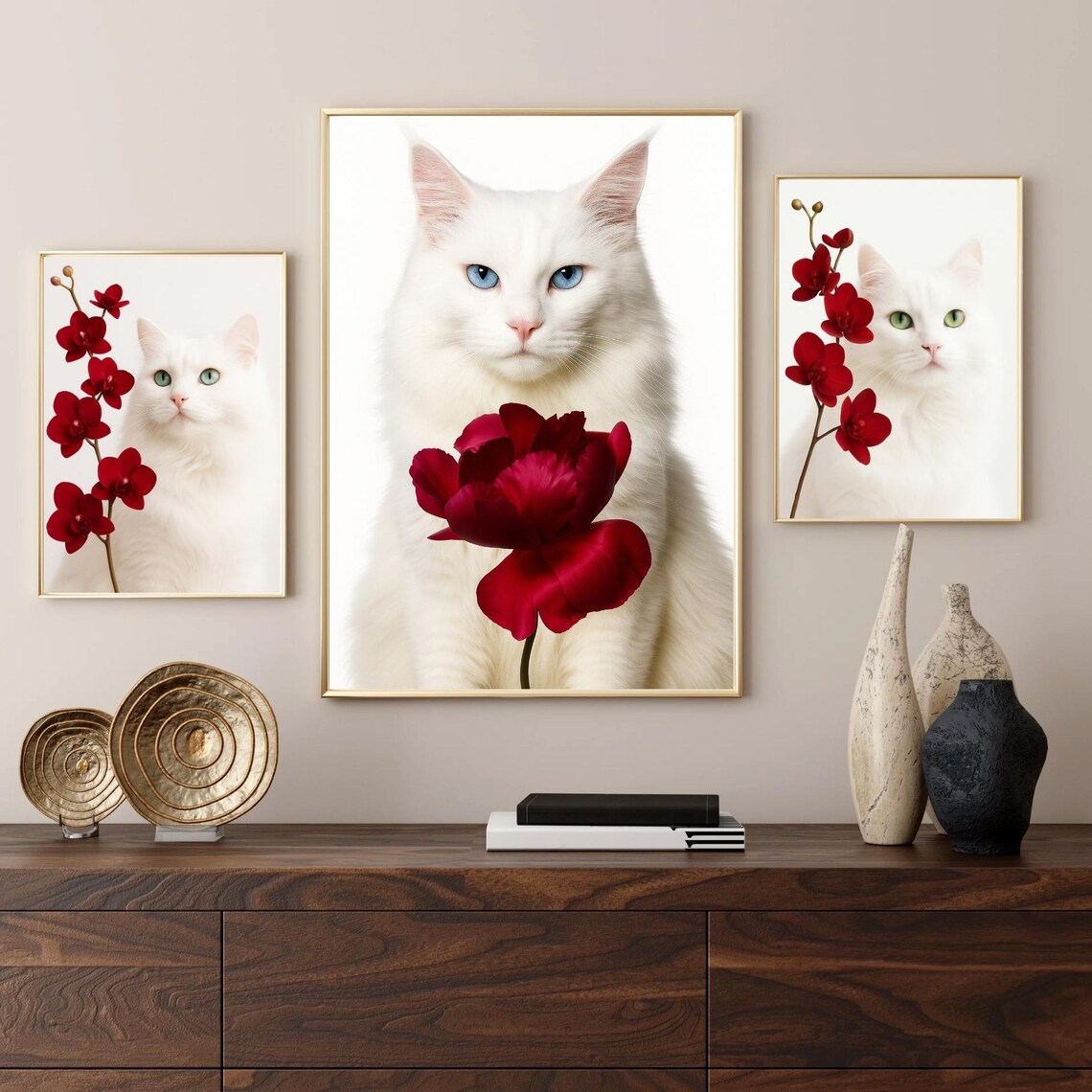 Set Of 3 White Cat And Red Flower Minimalist Art Print