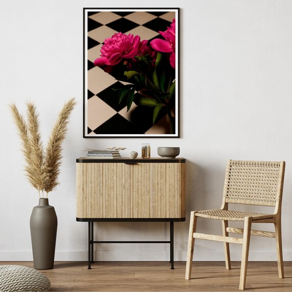 Peony Flower Wall Art Editorial Botanical Print Checkered Background Decor Bold Floral Fashion Poster Luxury Boho