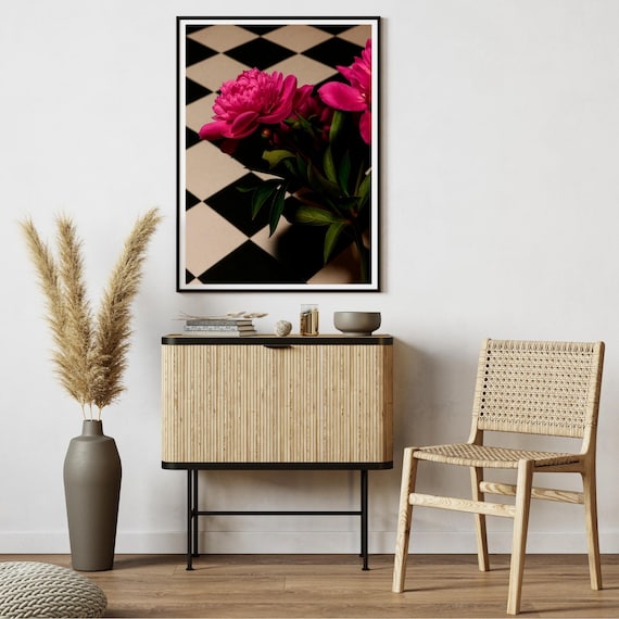 Pink Peony Flowers Checkered Background Editorial Botanical Poster