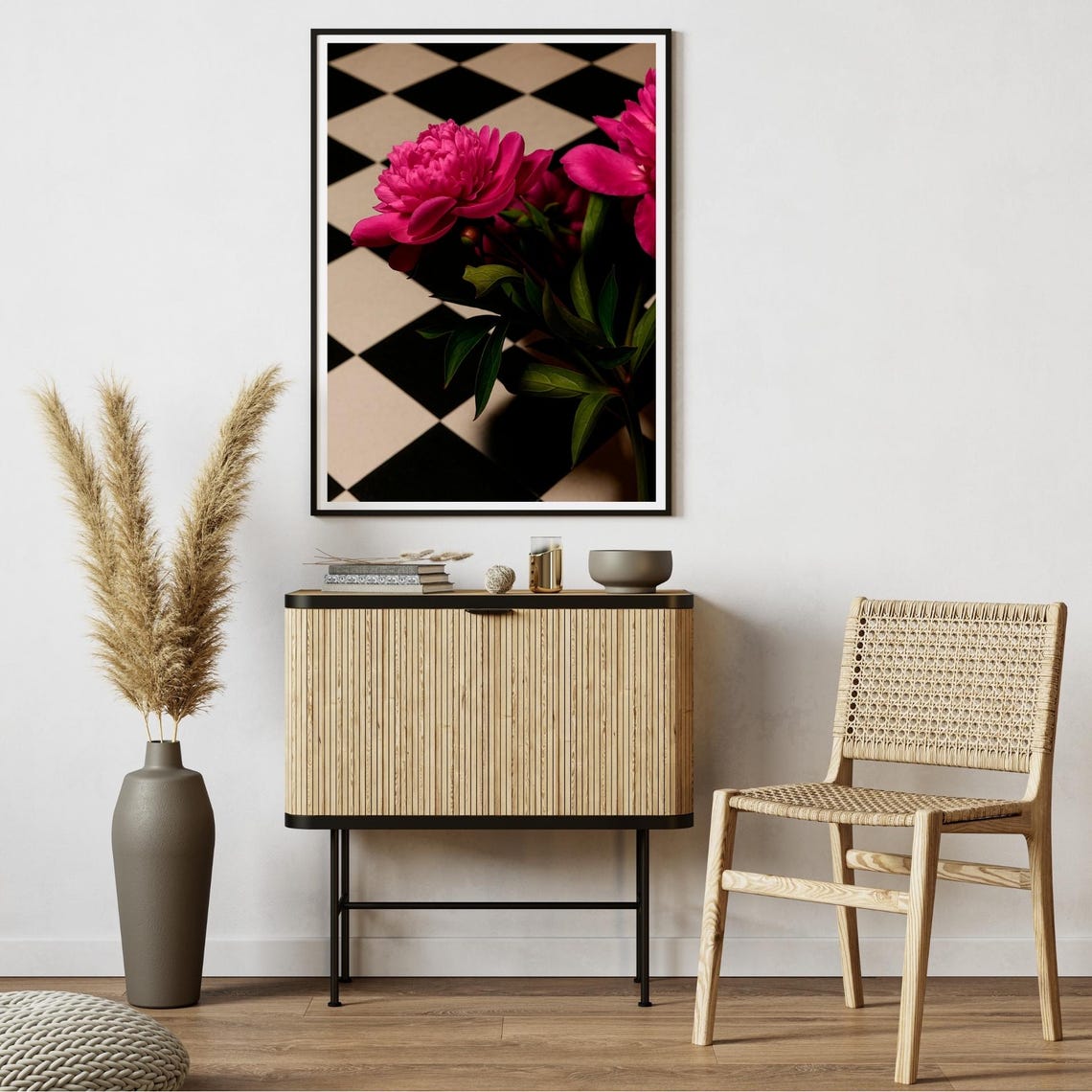 Pink Peony Flowers Checkered Background Editorial Botanical Poster