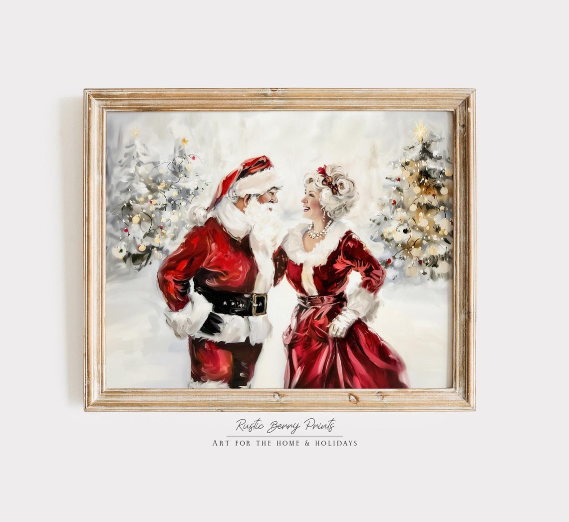 Elegant Santa Mrs Claus Facing Smile Lit Trees Winter Holiday Poster