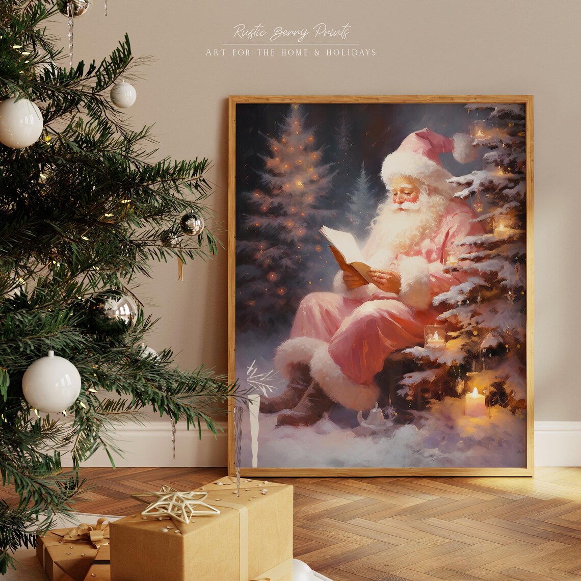 Pink Santa Claus Reading Book Snowy Pines Vintage Christmas Wall Art