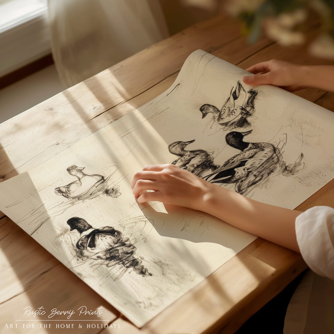 Five Ducks Swimming Vintage Pencil Sketch Wildlife Waterfowl Art Print - Image 2