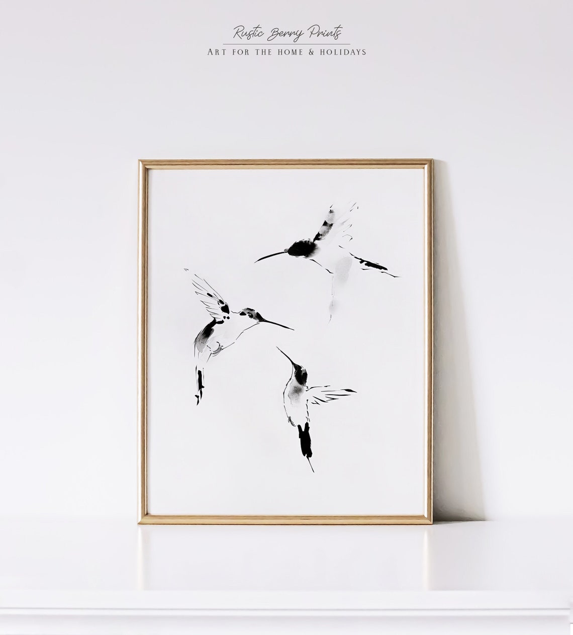Three Hummingbirds In Flight Black Ink Watercolor Bird Painting Poster