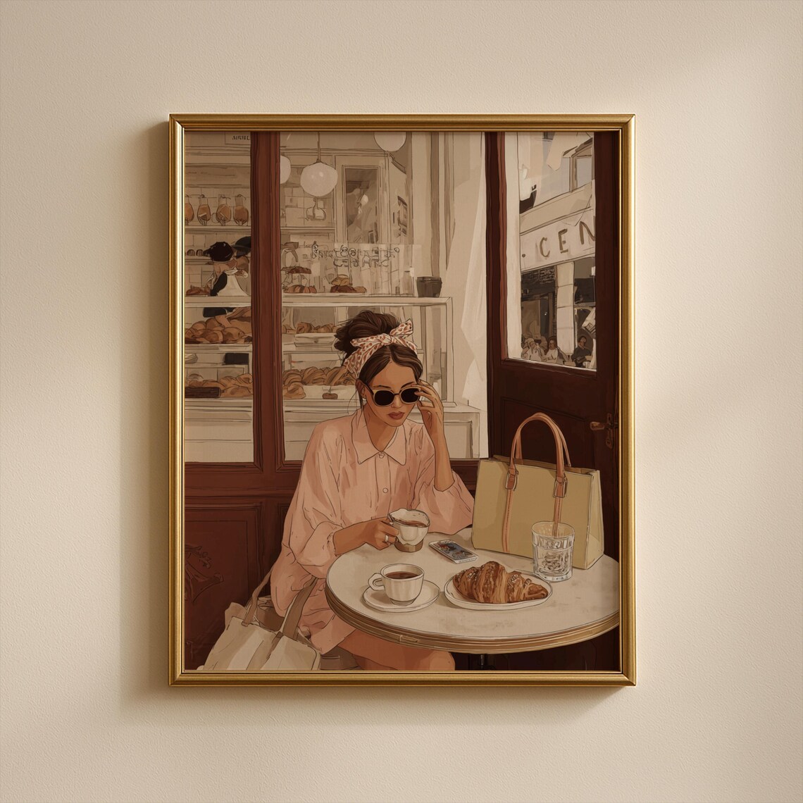 Parisian Woman At Cafe With Croissant Vintage Style Art Poster