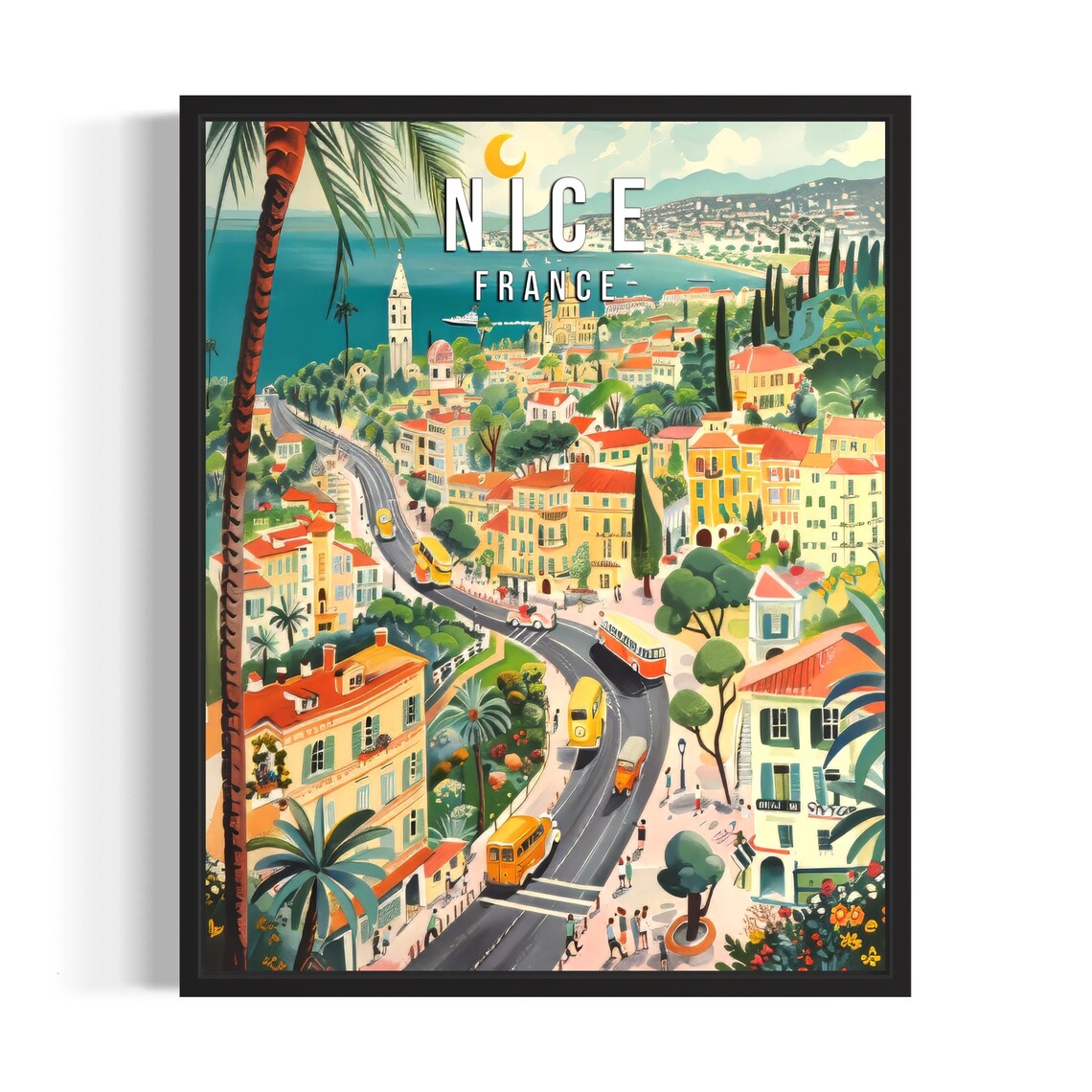 Nice France Riviera Winding Street Bay of Angels Vintage Travel Poster