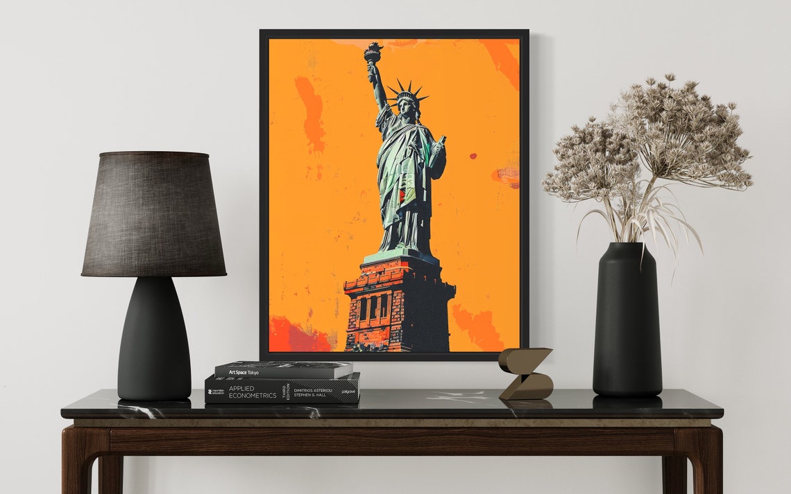 Statue of Liberty Poster Against a Blazing Orange Pop Art Sky - Image 3