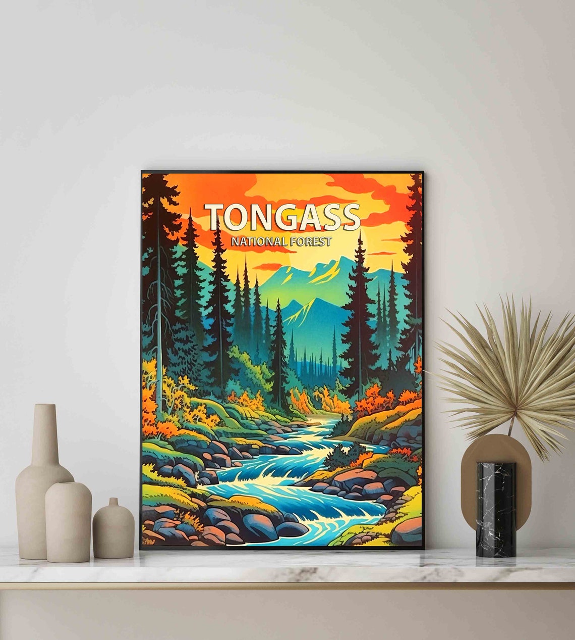 Tongass National Forest Retro Mountain River Stream Sunset Poster - Image 3