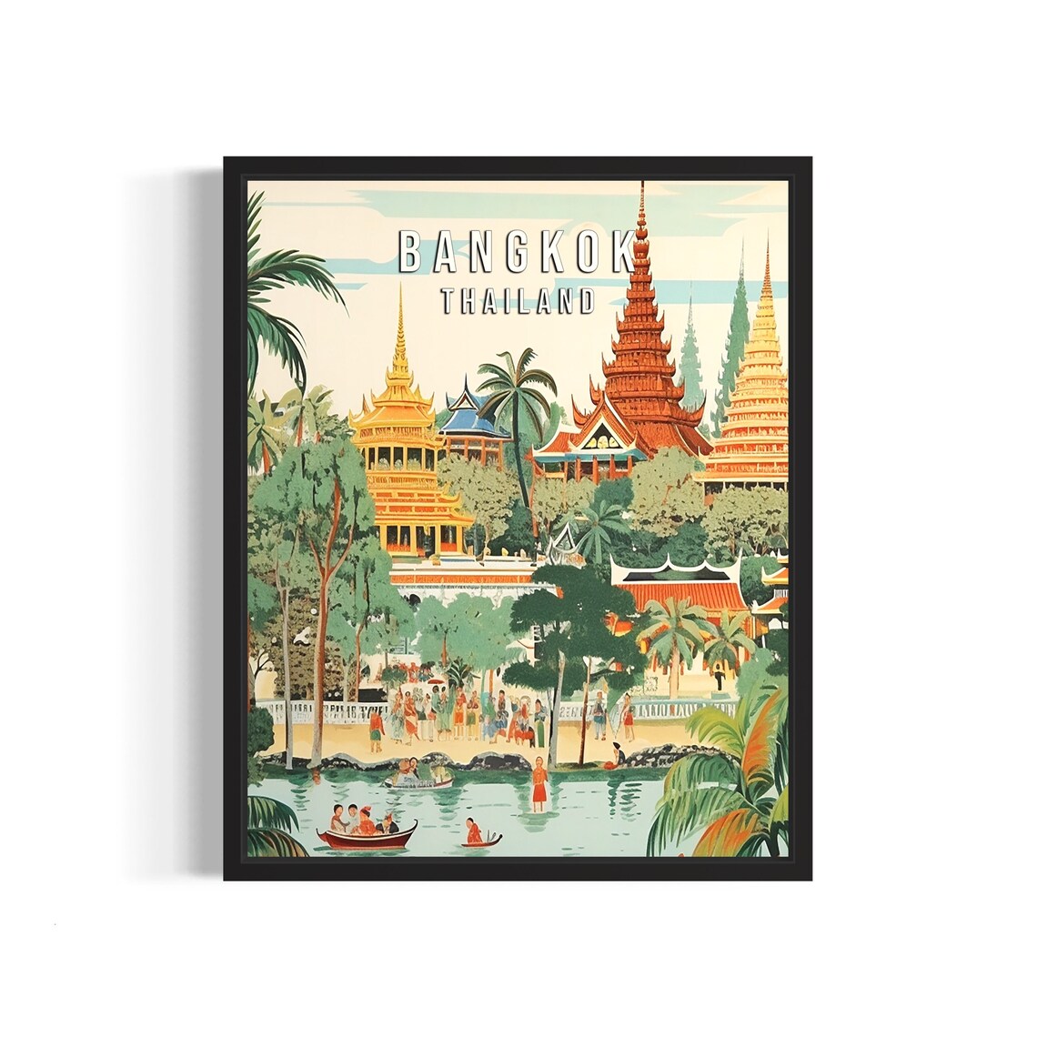 Bangkok Thailand Golden Temple Spires Retro Travel Art Poster