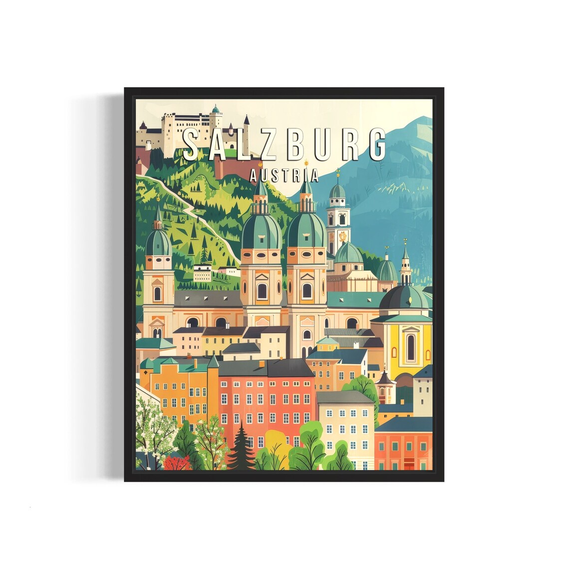 Salzburg Austria Old Town Cathedral Domes Alpine Vintage Travel Poster