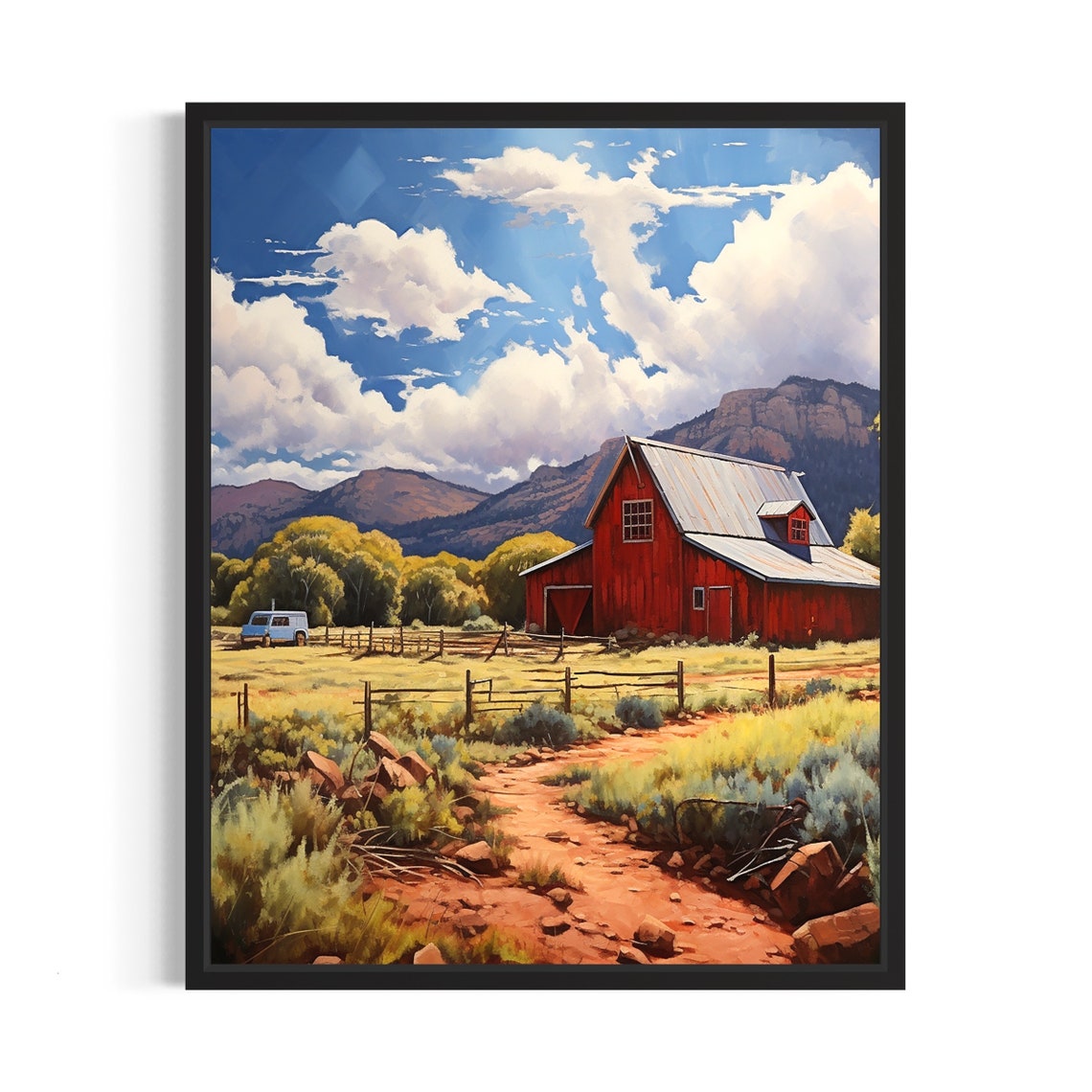 Red Barn Vintage Truck Mountain Meadow Ranch Painting Poster