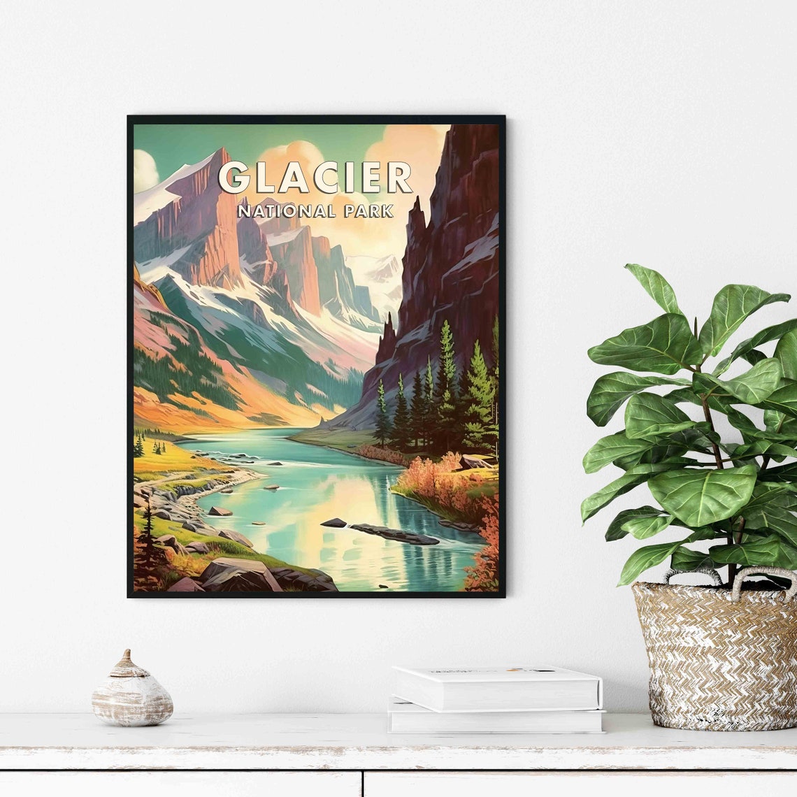 Glacier National Park Alpine Lake Valley Retro Travel Poster - Image 2