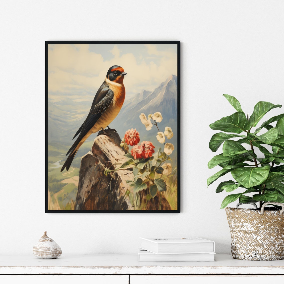 Cliff Swallow on a Rocky Perch With Mountain Wildflowers Bird Poster - Image 2