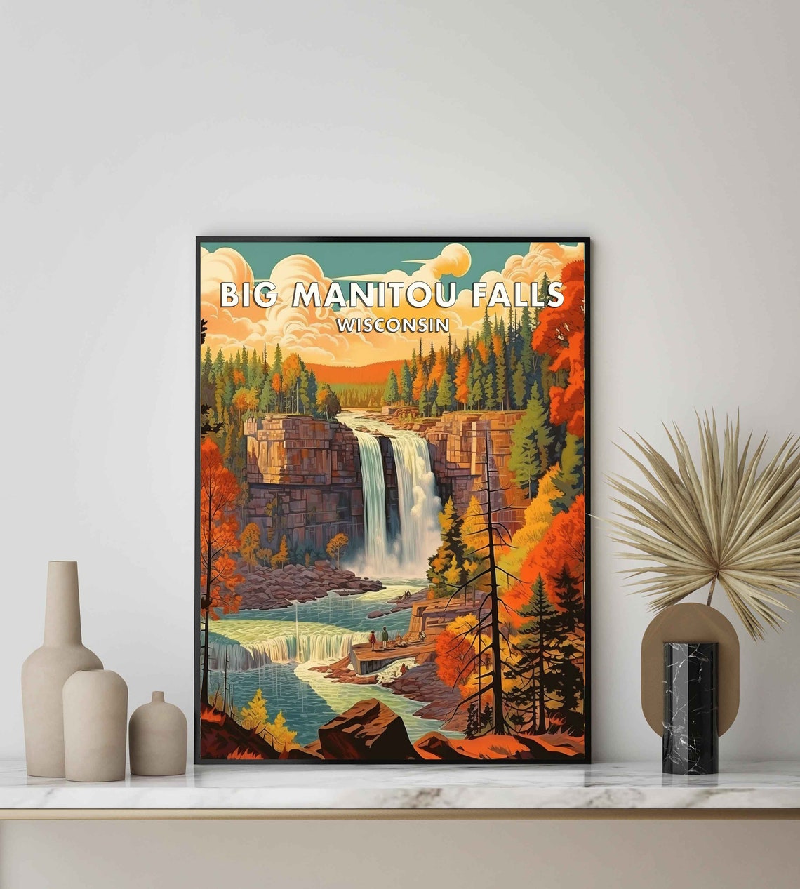 Big Manitou Falls Wisconsin Twin Cascade Autumn Travel Poster - Image 2