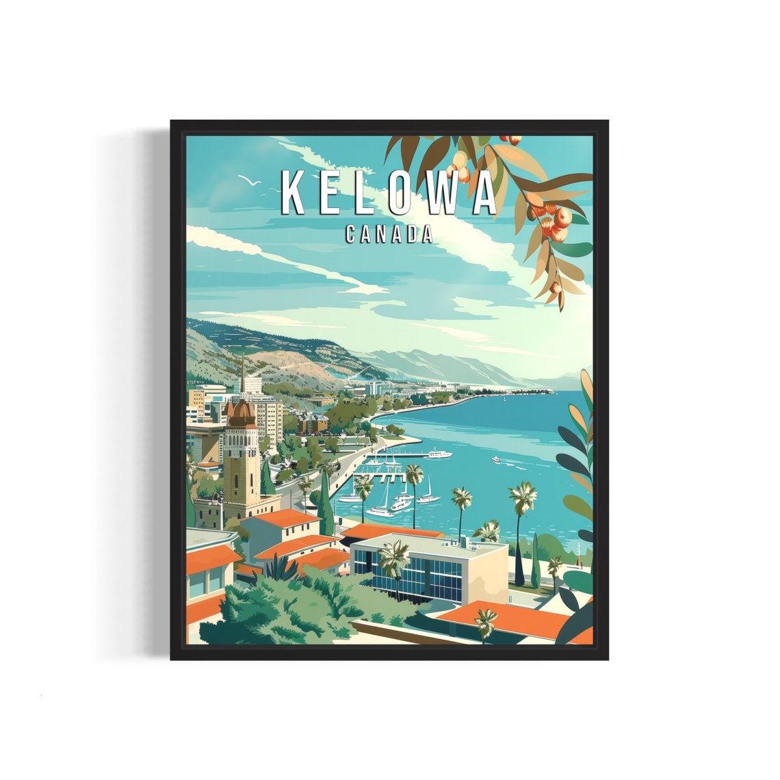 Kelowa Canada Sunny Okanagan Lake Waterfront Retro Travel Poster