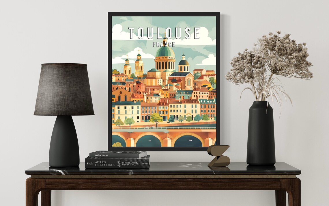 Toulouse France Vintage Pink City Skyline with River Bridge Poster - Image 2