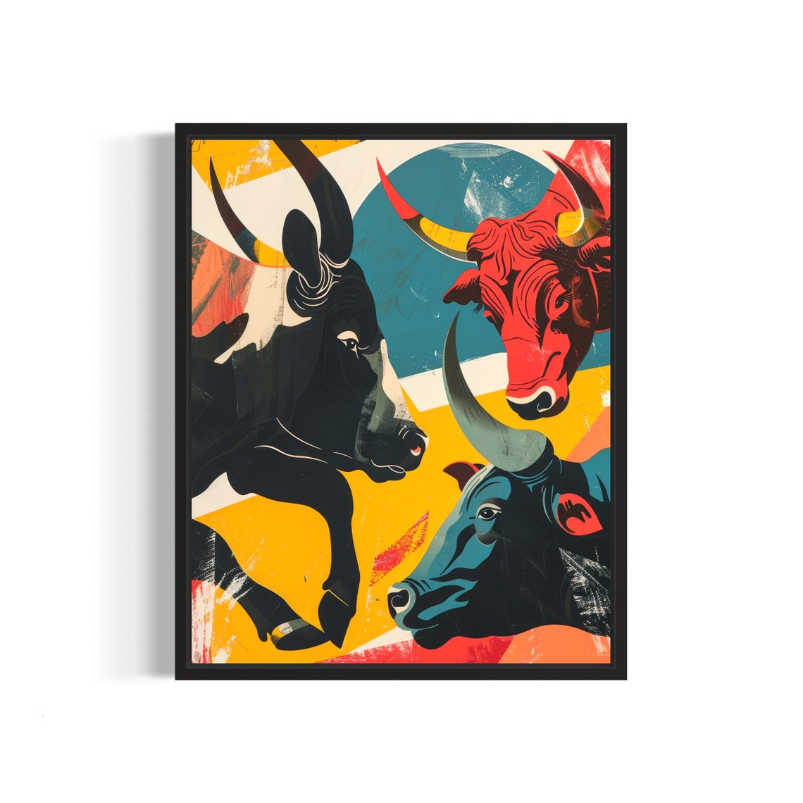 Colorful Bull Heads Modern Abstract Bold Pop Art Style Poster Artwork