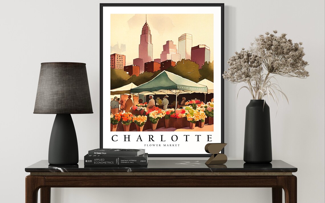 Charlotte Flower Market Watercolor North Carolina Skyline Poster - Image 2