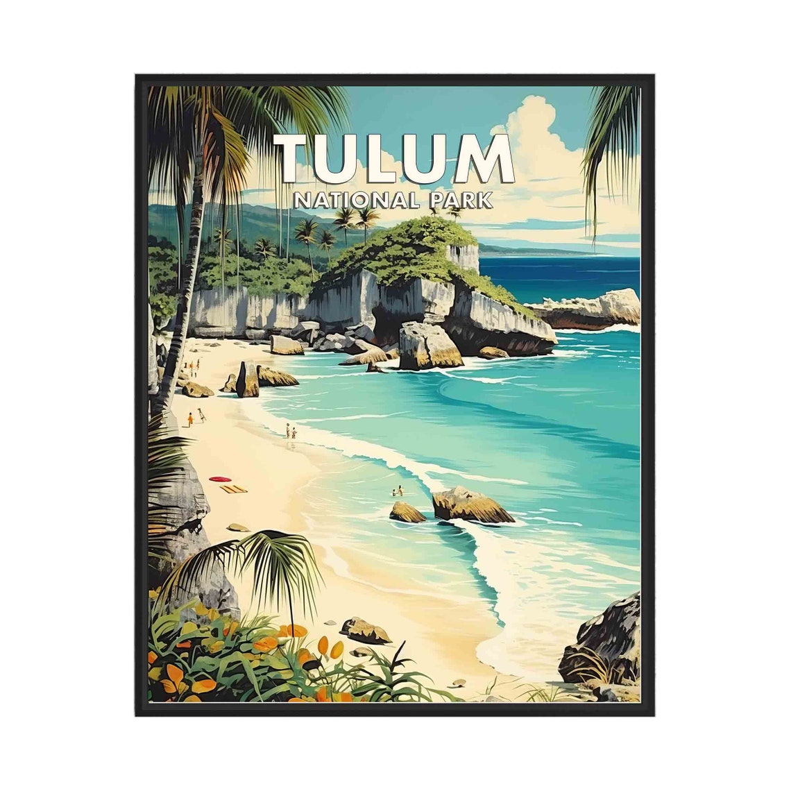 Tulum National Park Turquoise Beach Cliffs Palm Retro Travel Poster