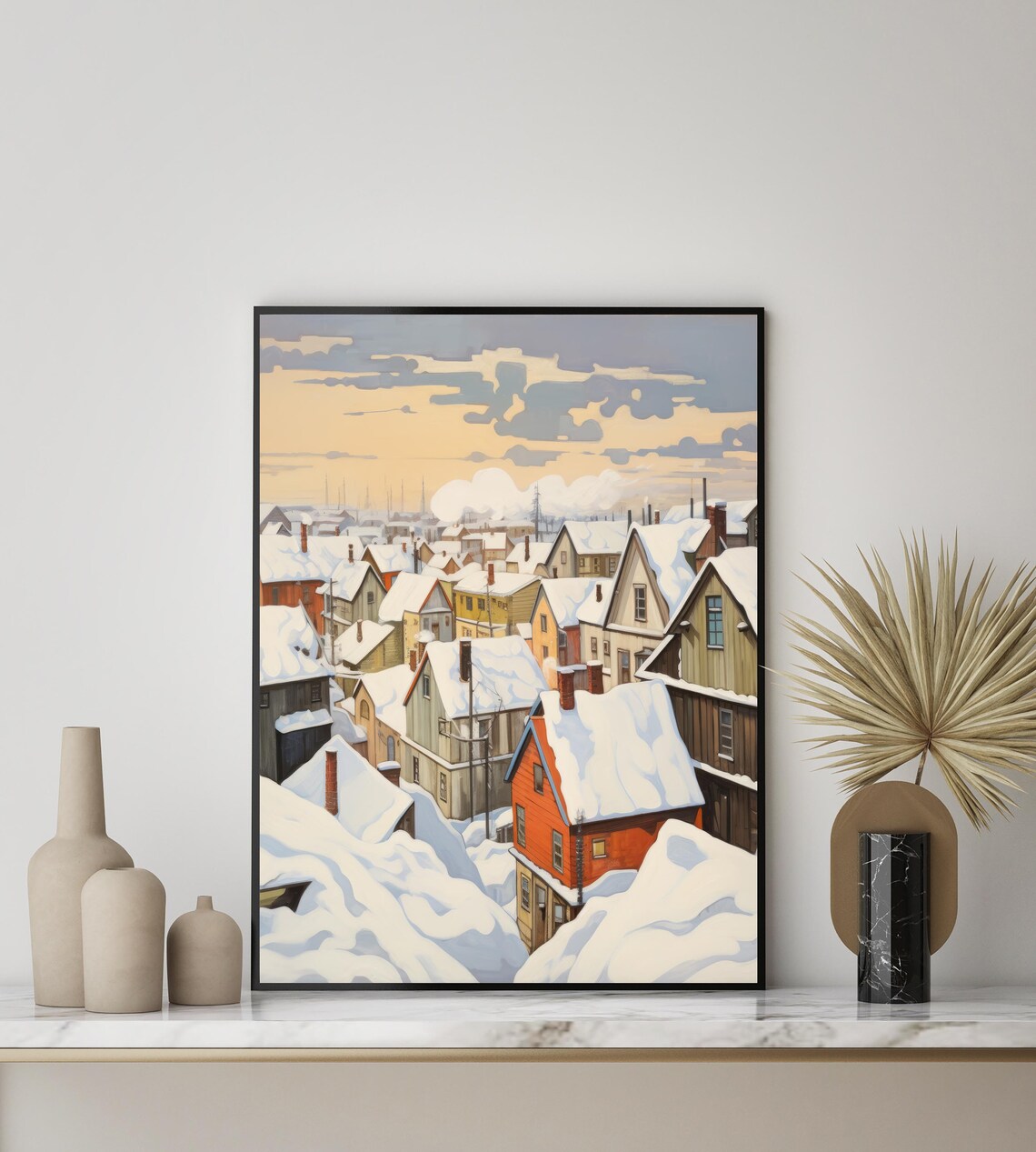 Snow Covered Rooftops of a Quiet Winter Town Painting Art Poster - Image 2