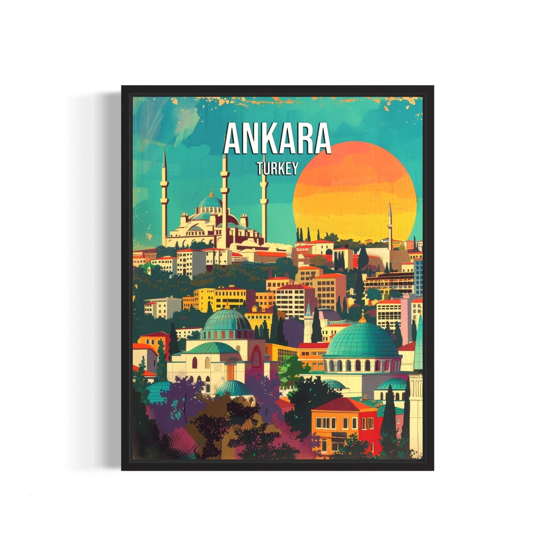 Ankara Turkey City Skyline Poster with Mosques and Setting Sun