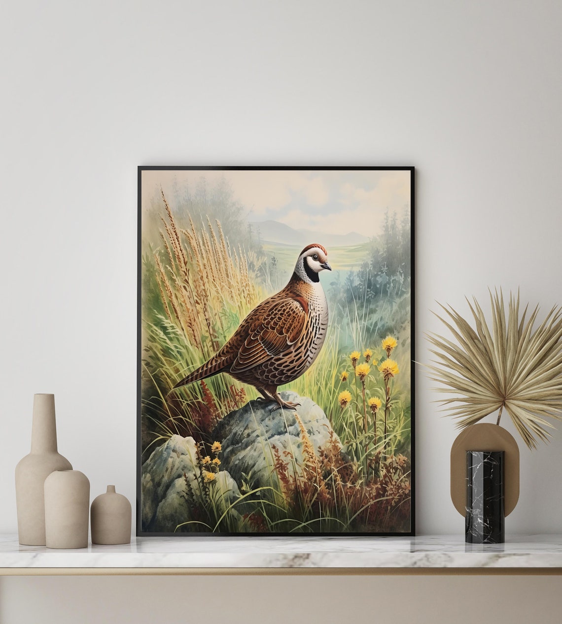Bobwhite Quail Perched On Rock Among Yellow Wildflowers Poster - Image 3