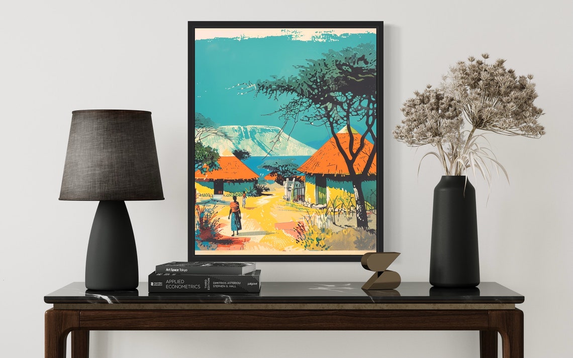 African Village Thatched Huts Acacia Tree Vintage Retro Art Poster - Image 2