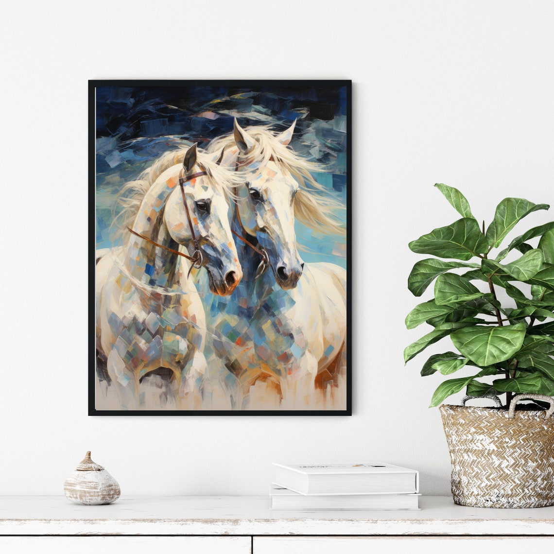 Two White Horses Running Blue Night Abstract Oil Paint Art Poster - Image 2