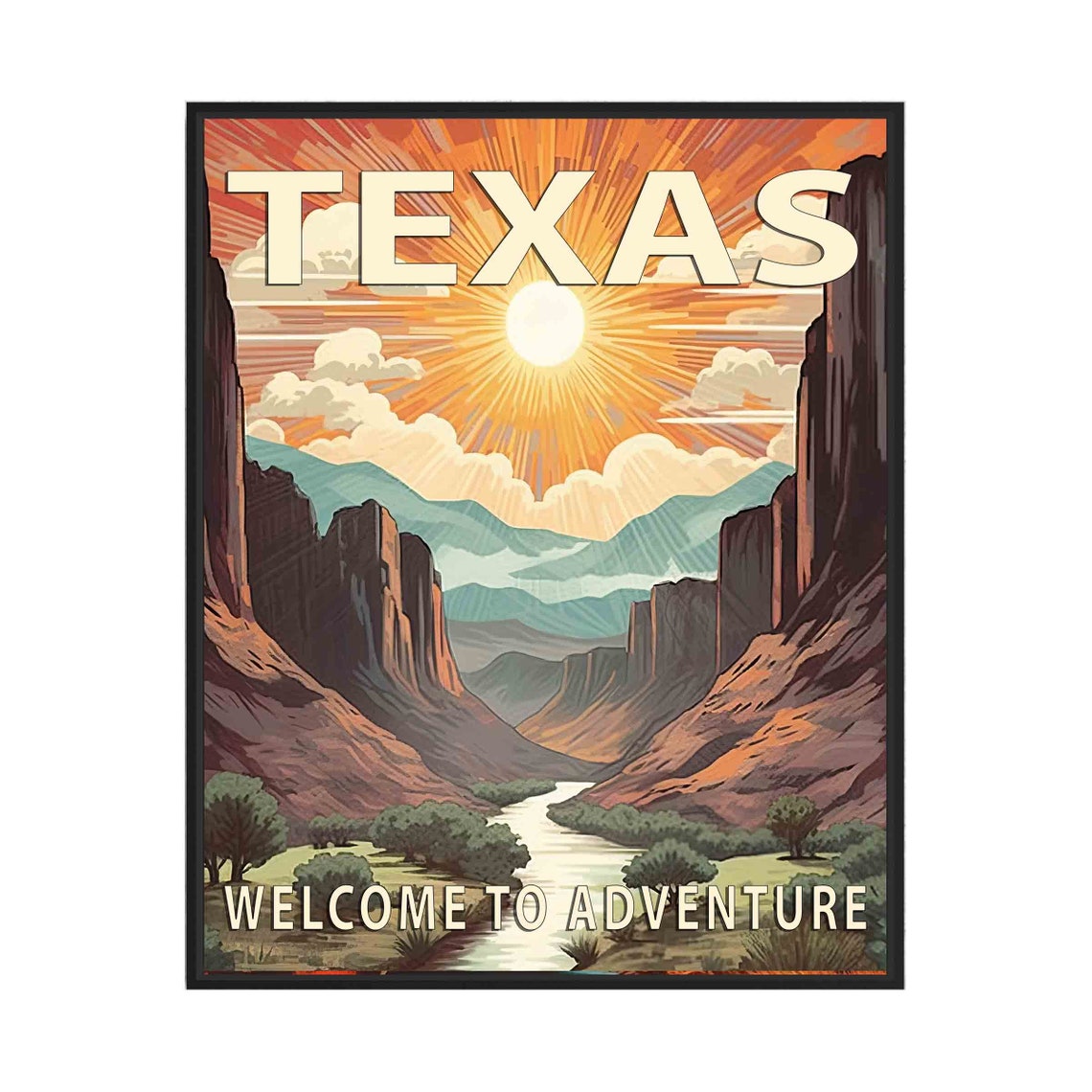 Texas Canyon River Sunset Retro Adventure Travel Wall Poster