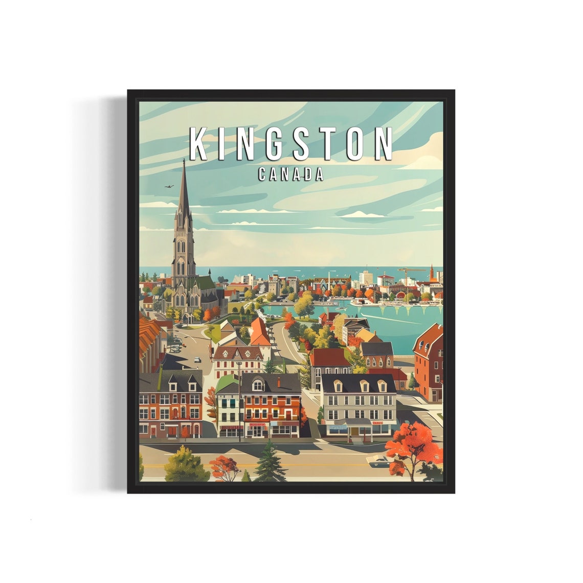 Kingston Canada Waterfront Cityscape With Church Spire Travel Poster