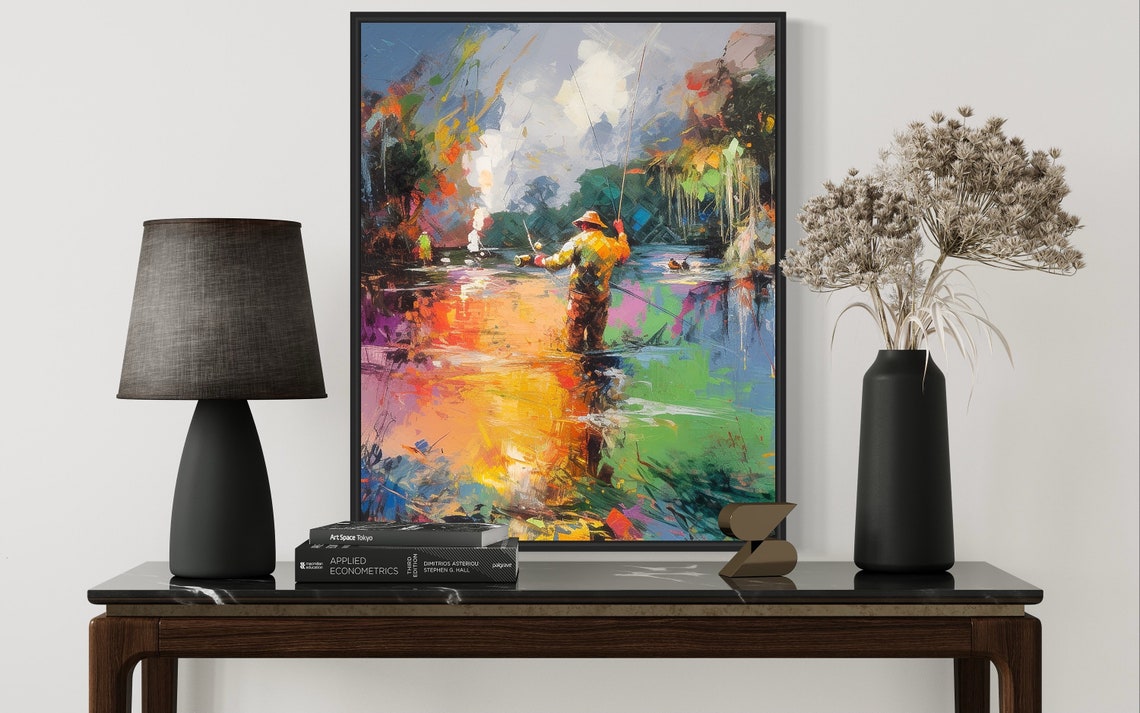 Fly Fisherman in the River Colorful Impressionist Art Poster - Image 2