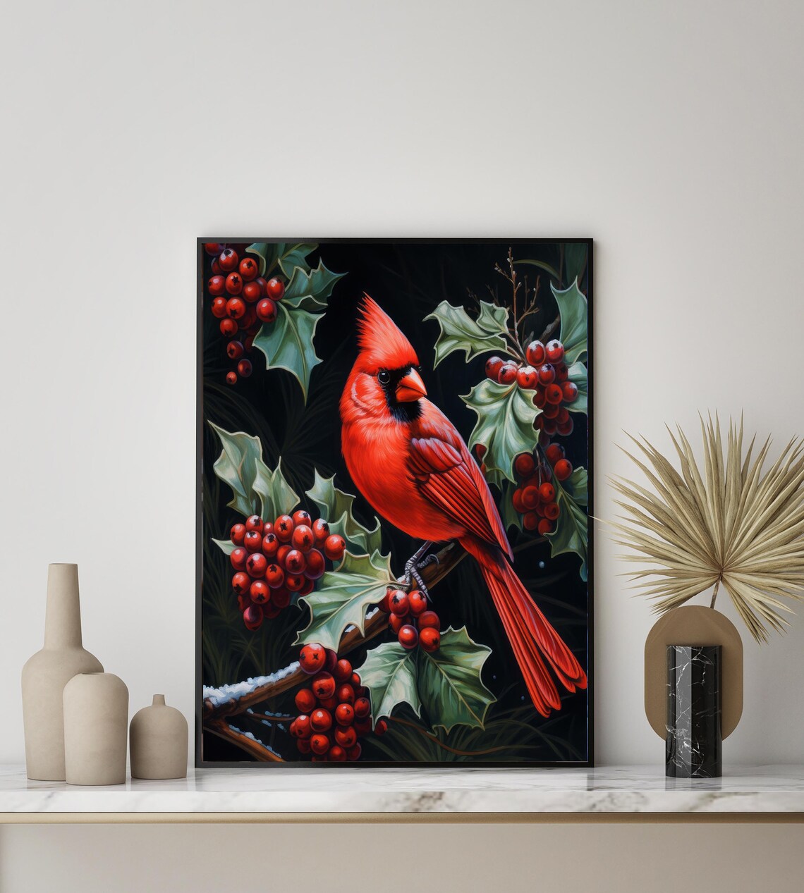 Red Northern Cardinal on Holly Branch Winter Bird Painting Poster - Image 3