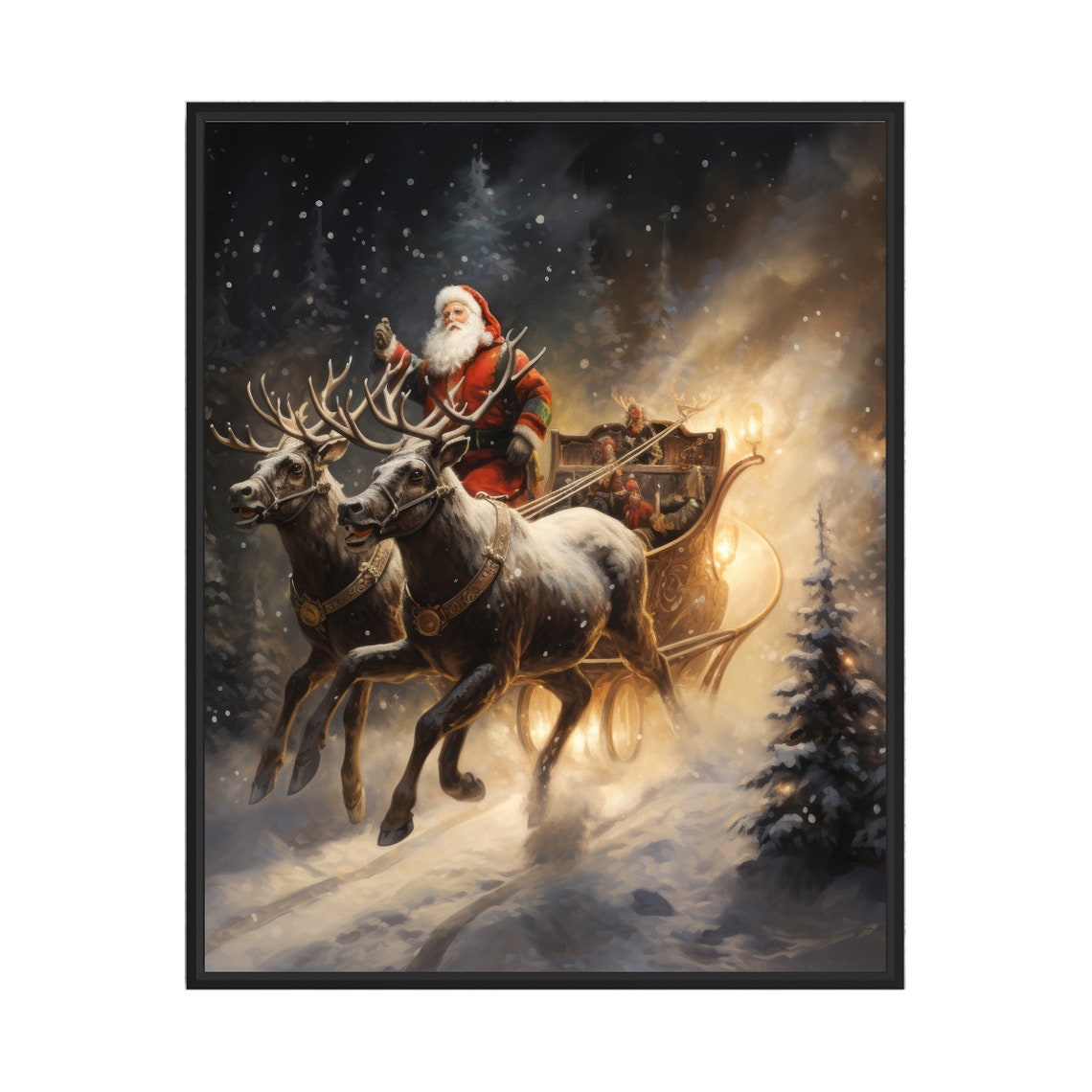 Santa Claus Sleigh Reindeer Night Flight Christmas Decor Art Print